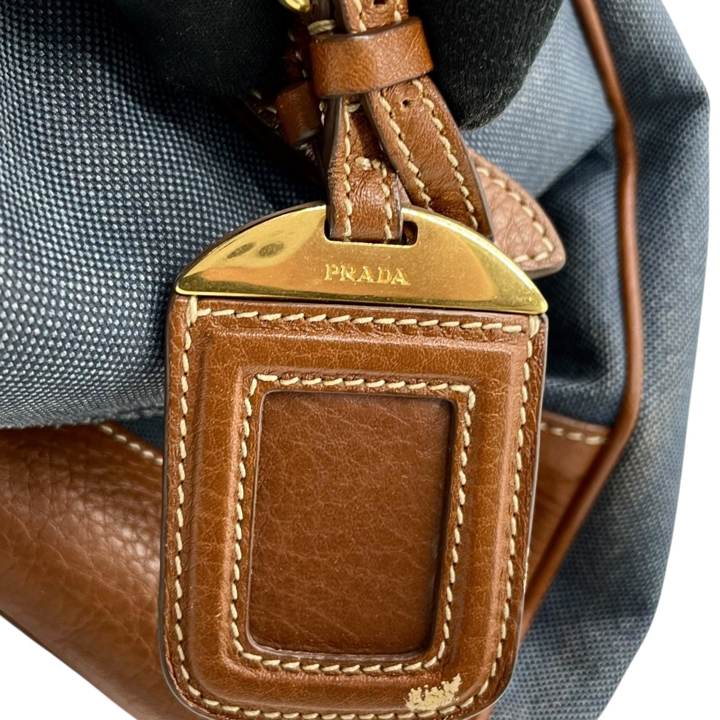 美品 PRADA プラダ ロゴ ジャガード トートバッグ ショルダー デニム レザー ブルー ブラウン ゴールド金具 D5