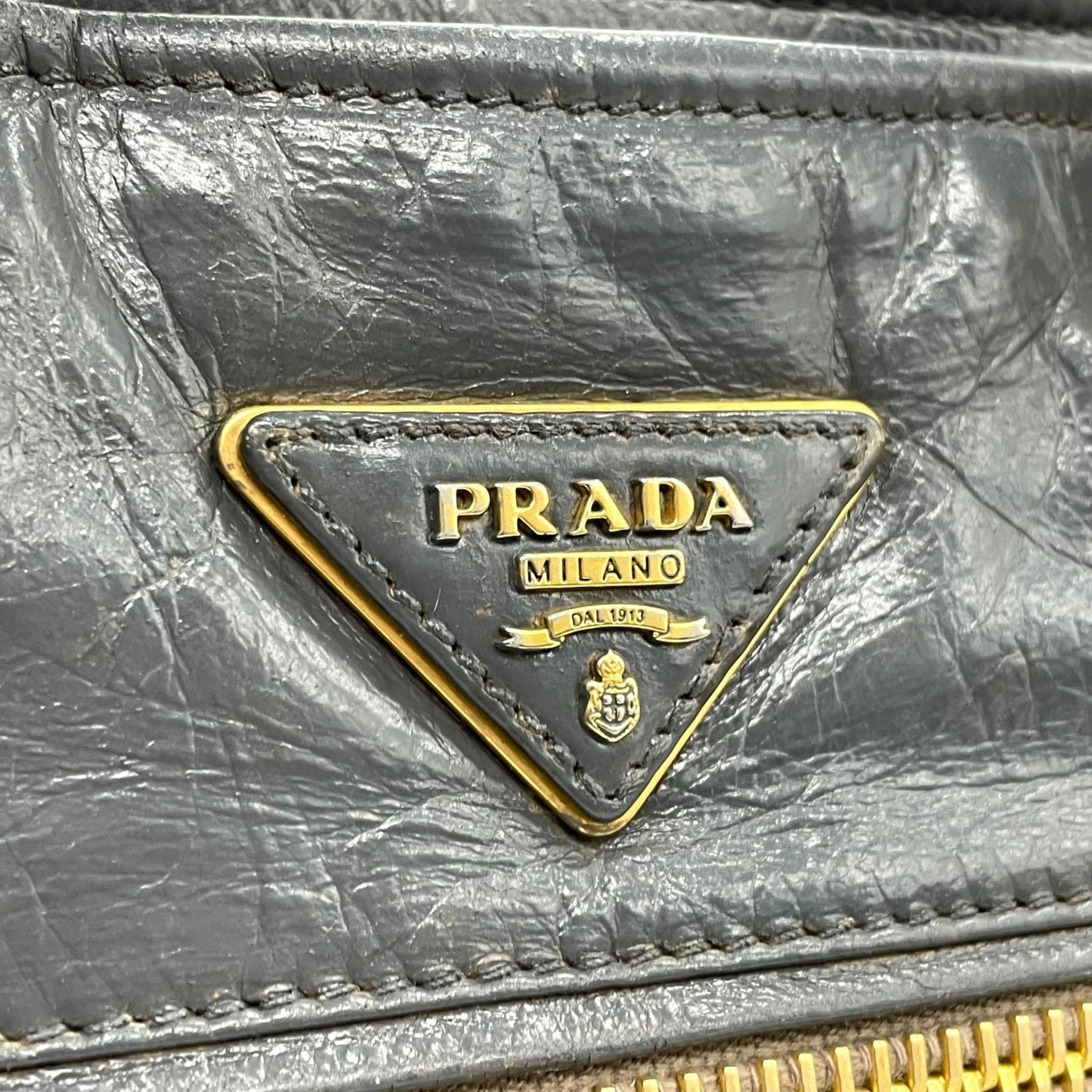 Authentic PRADA 2WAY Handbag Shoulder Bag Leather Gold Hardware Triangular Logo Dark Gray Women's Crossbody