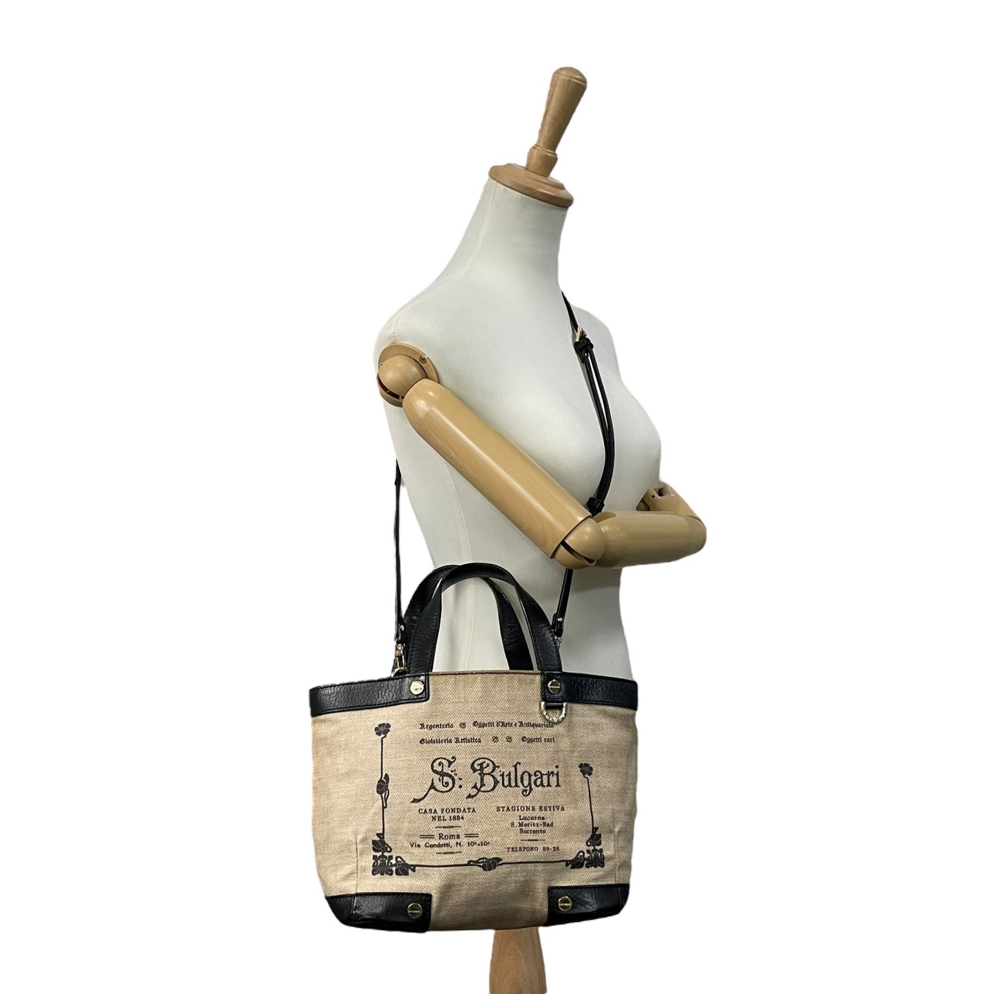BVLGARI ブルガリ コレツィオーネ 2WAY ハンドバッグ トートバッグ ショルダーバッグ ロゴ キャンバス レザー ベージュ 黒 ブラック ゴールド金具 斜め掛け可 メンズ レディース K3