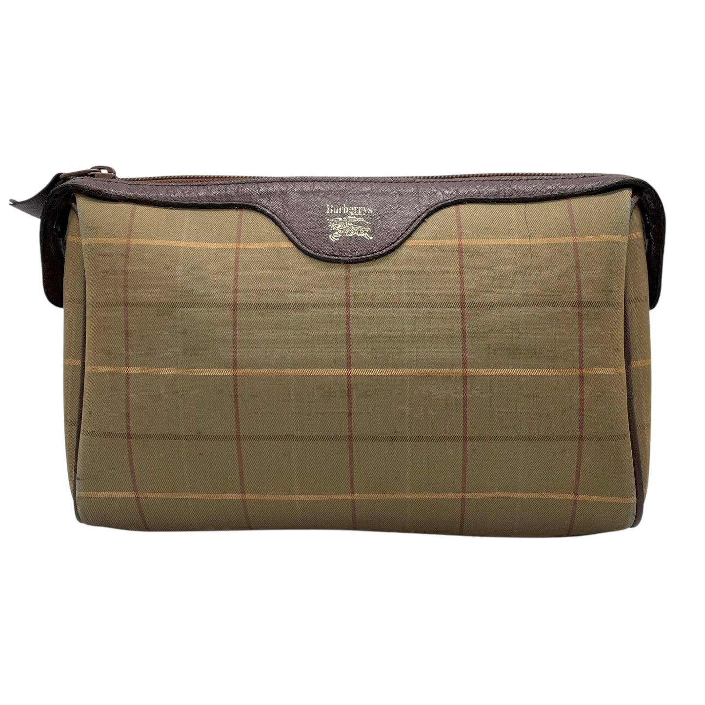 Burberry バーバリー クラッチバッグ セカンドバッグ ポーチ カーキ ブラウン ブラウン金具 キャンバス レザー ファスナー開閉 チェック柄 ホースロゴ メンズ レディース ヴィンテージ U4