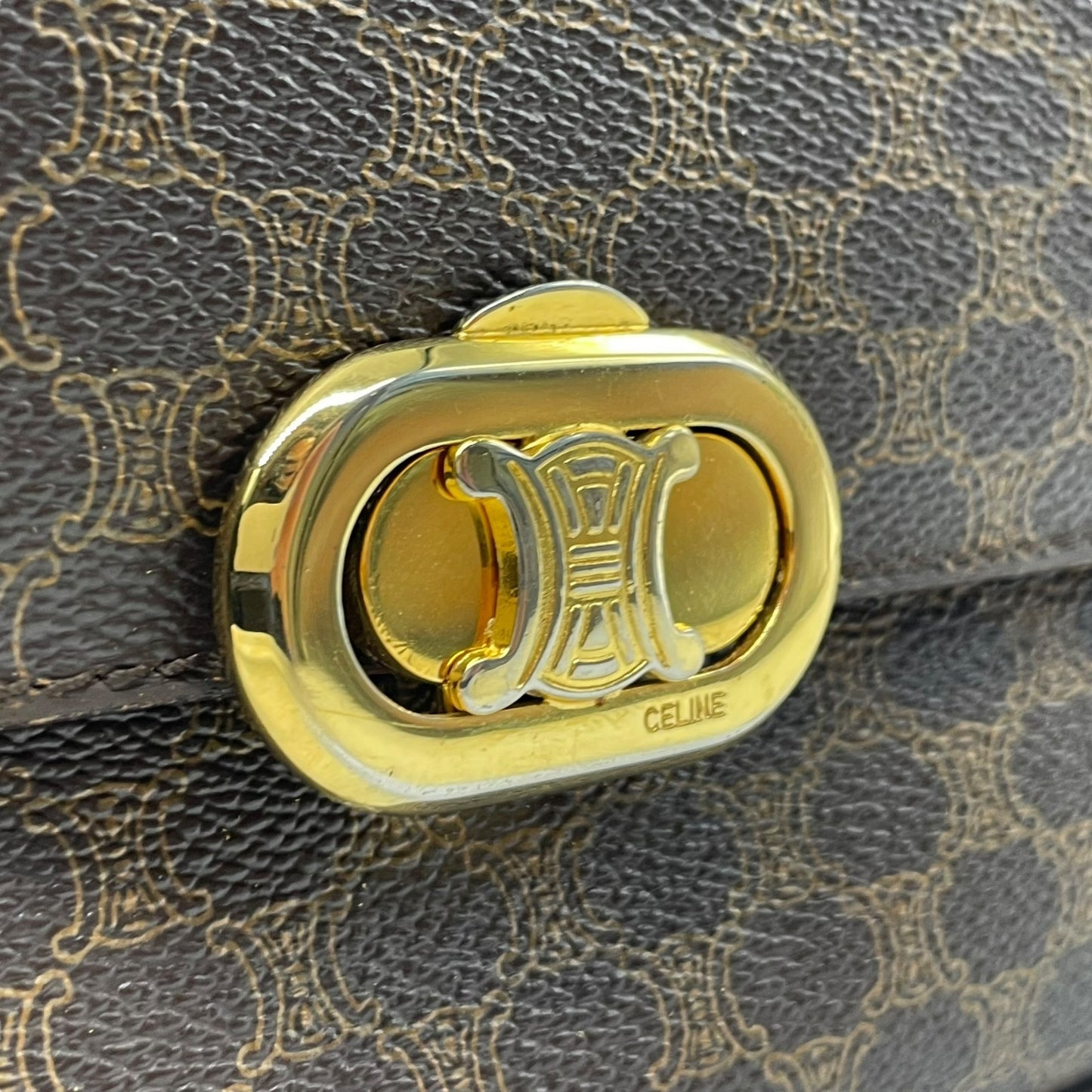 Authentic Old CELINE Macadam Shoulder Bag Brown PVC Leather Logo Vintage Crossbody