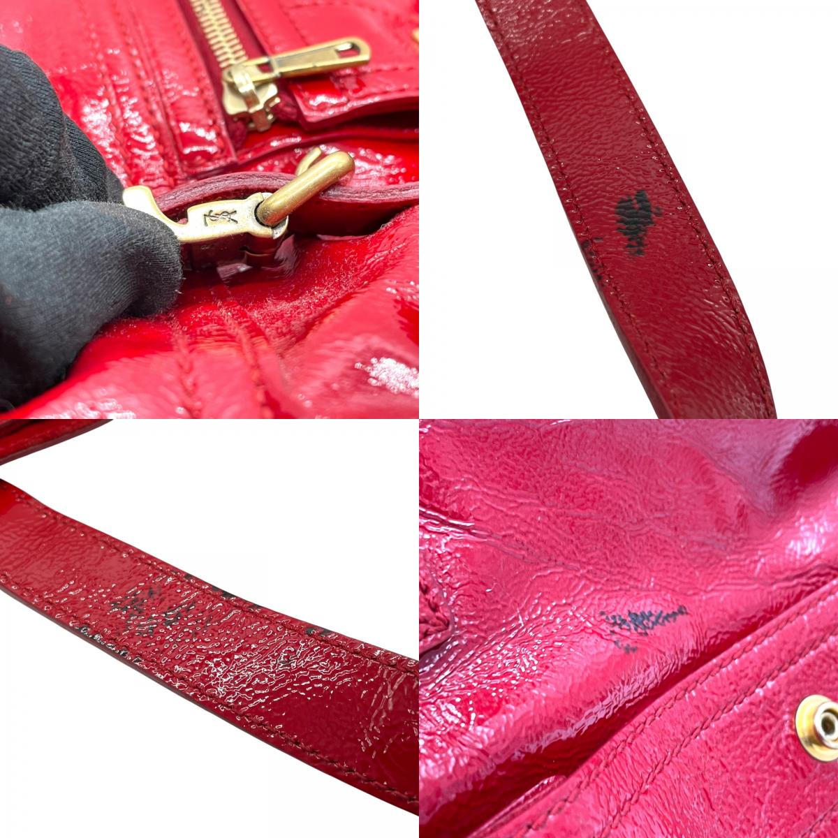 Authentic YVES SAINT LAURENT Downtown Patent Leather Red Enamel Vintage Tote Bag Large Capacity Women