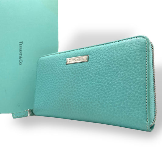 Authentic Tiffany & Co. Long Wallet Round Zipper Leather Silver Hardware with Box