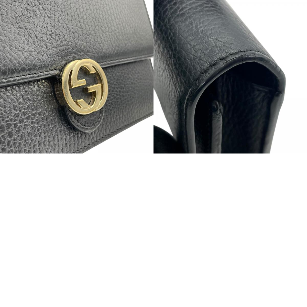 美品 GUCCI グッチ インターロッキングG ウォレットバッグ 510314 チェーンショルダー 長財布 ショルダーバッグ 黒 ブラック レザー ゴールド金具 GG 斜め掛け 箱付き レディース W1