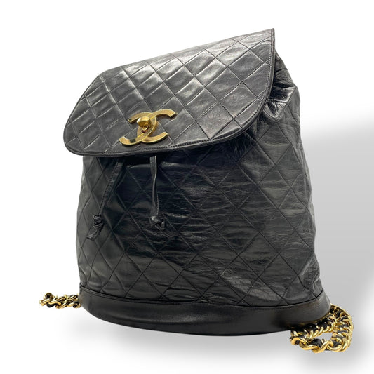 Authentic CHANEL Matelasse Backpack Black Lambskin Leather Gold Turnlock Chain Shoulder Vintage Serial 2