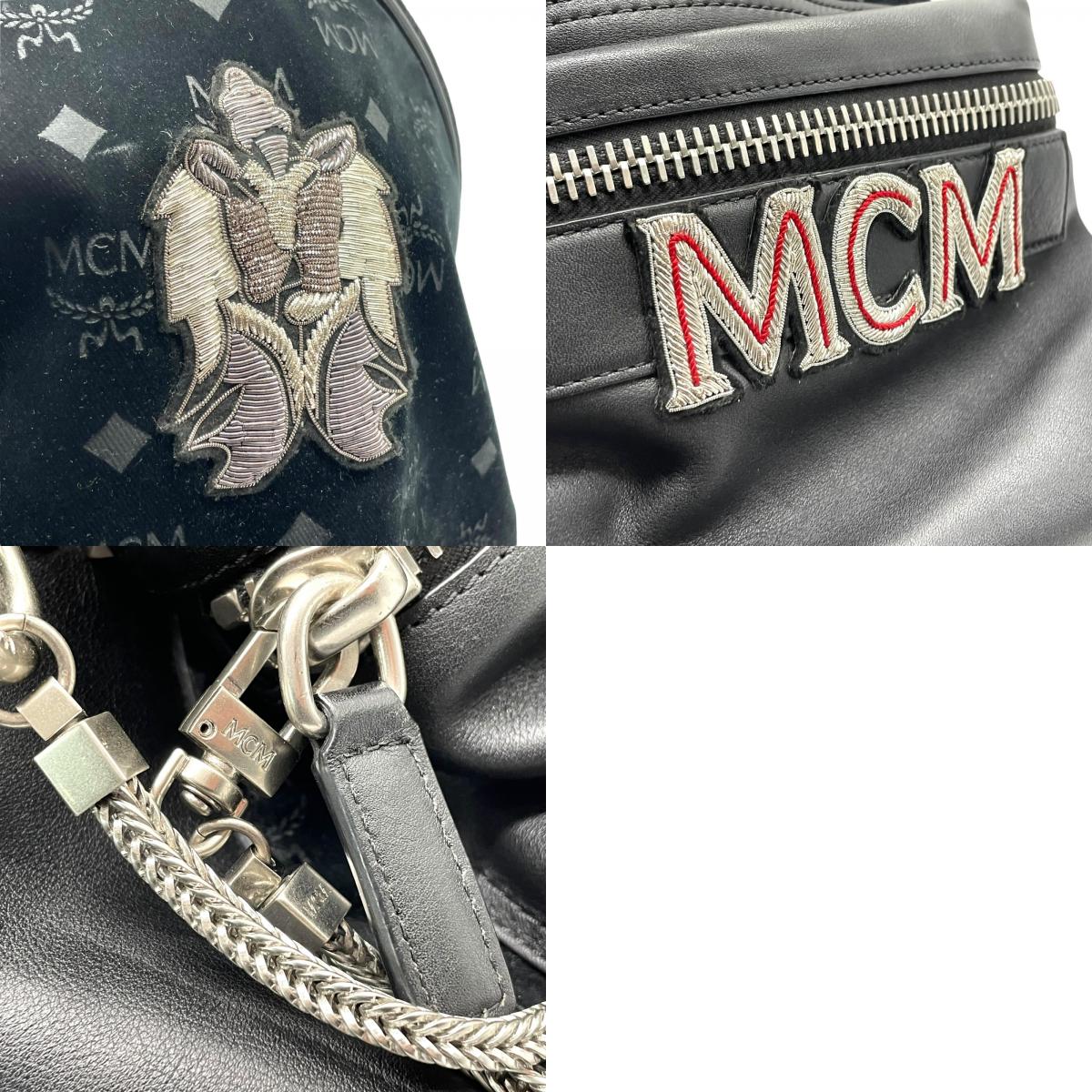 極美品 MCM エムシーエム バックパック リュック モノグラム ヴィセトス エンブレム刺繍 スタッズ付き レザー×ベルベット ブラック 黒 A