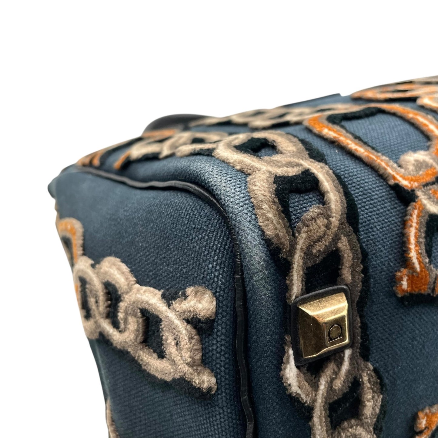 美品 Salvatore Ferragamo サルヴァトーレ フェラガモ ガンチーニ チェーン柄 ハンドバッグ 紺 ネイビー 黒 ブラック キャンバス レザー ゴールド金具 レディース B