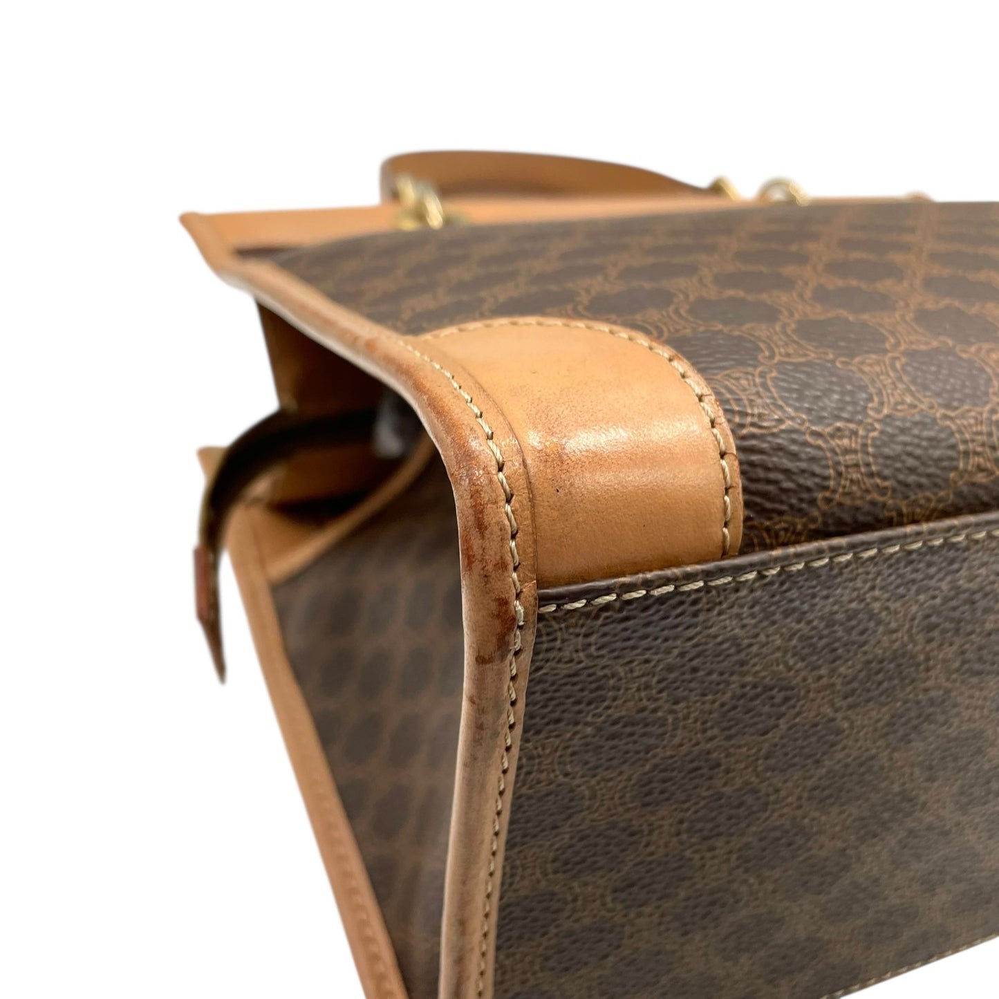 CELINE セリーヌ マカダム柄 ハンドバッグ ミニトート 茶 ブラウン PVC レザー ゴールド金具 手提げ ヴィンテージ オールドセリーヌ レディース E