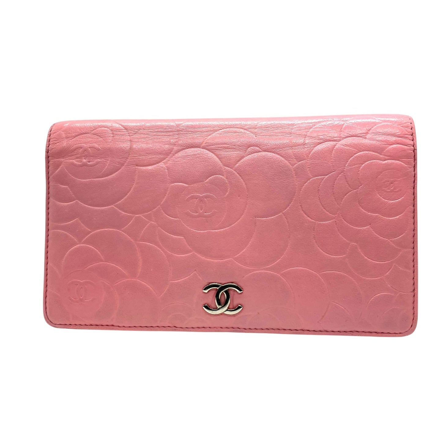 シャネル CHANEL カメリア ラムスキン 長財布 ウォレット ピンク ココマーク シルバー エンボス レディース W4