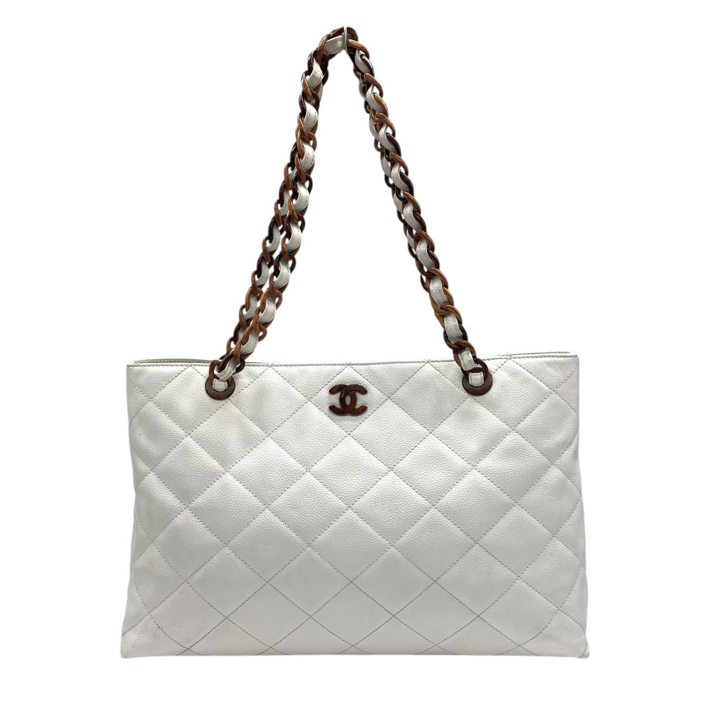 シャネル CHANEL トートバッグ キャビアスキン マトラッセ ココマーク 白 ホワイト ブラウンチェーン シルバー金具 C