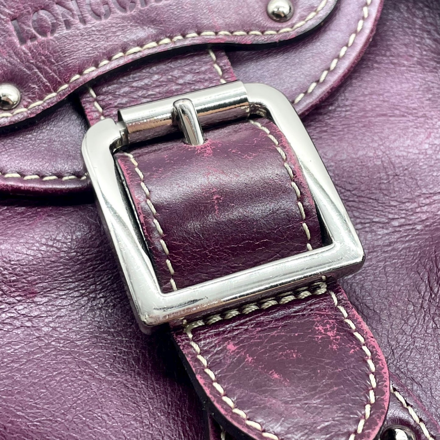 ロンシャン LONGCHAMP ハンドバッグ ベルトデザイン フラップ パープル レザー 本革 シルバー金具 ユニセックス レディース Y2K 00s ヴィンテージ s94 vintage