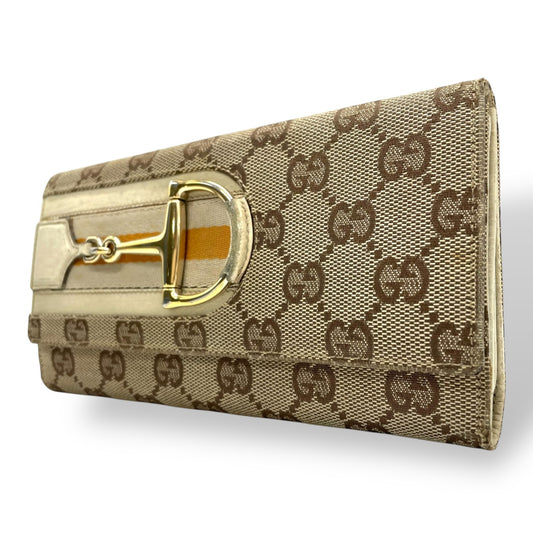 グッチ GUCCI 長財布 GGキャンバス レザー ホースビット ブラウン アイボリー オレンジ GG柄 ゴールド金具 メンズ レディース M1