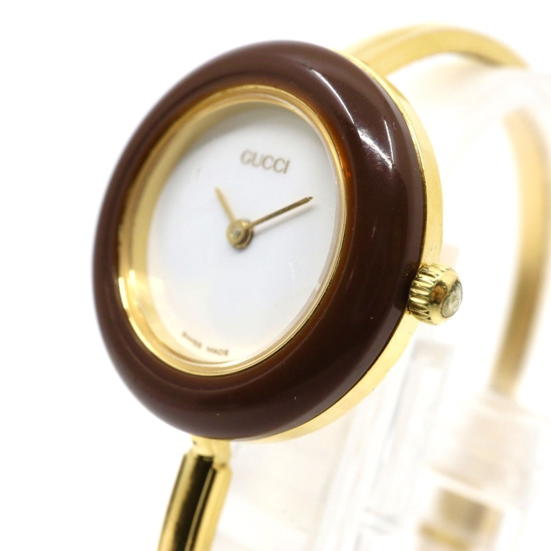 【美品/電池交換済】グッチ GUCCI チェンジベゼル 11/12.2 腕時計 レディースウォッチ クオーツ バングルウォッチ ゴールド ホワイト文字盤 ヴィンテージ アンティーク クラシック エレガント 人気モデル ブラウンベゼル クリーニング済み G3
