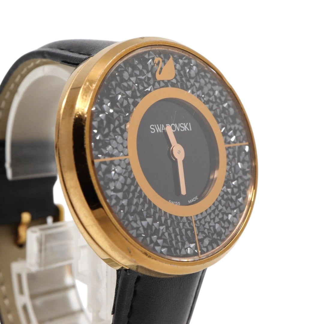 極美品 電池交換済 スワロフスキー 腕時計 5045371 レディース クオーツ ゴールド ブラックレザーベルト クリスタル アナログ ドレスウォッチ エレガント ラグジュアリー スワンロゴ スイス製 クリーニング済み G3