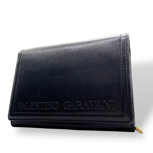 ヴァレンティノ ガラヴァーニ VALENTINO GARAVANI レザー 二つ折り財布 黒 ブラック ロゴ刻印 ゴールド金具 金金具 ヴィンテージ メンズ レディース W4