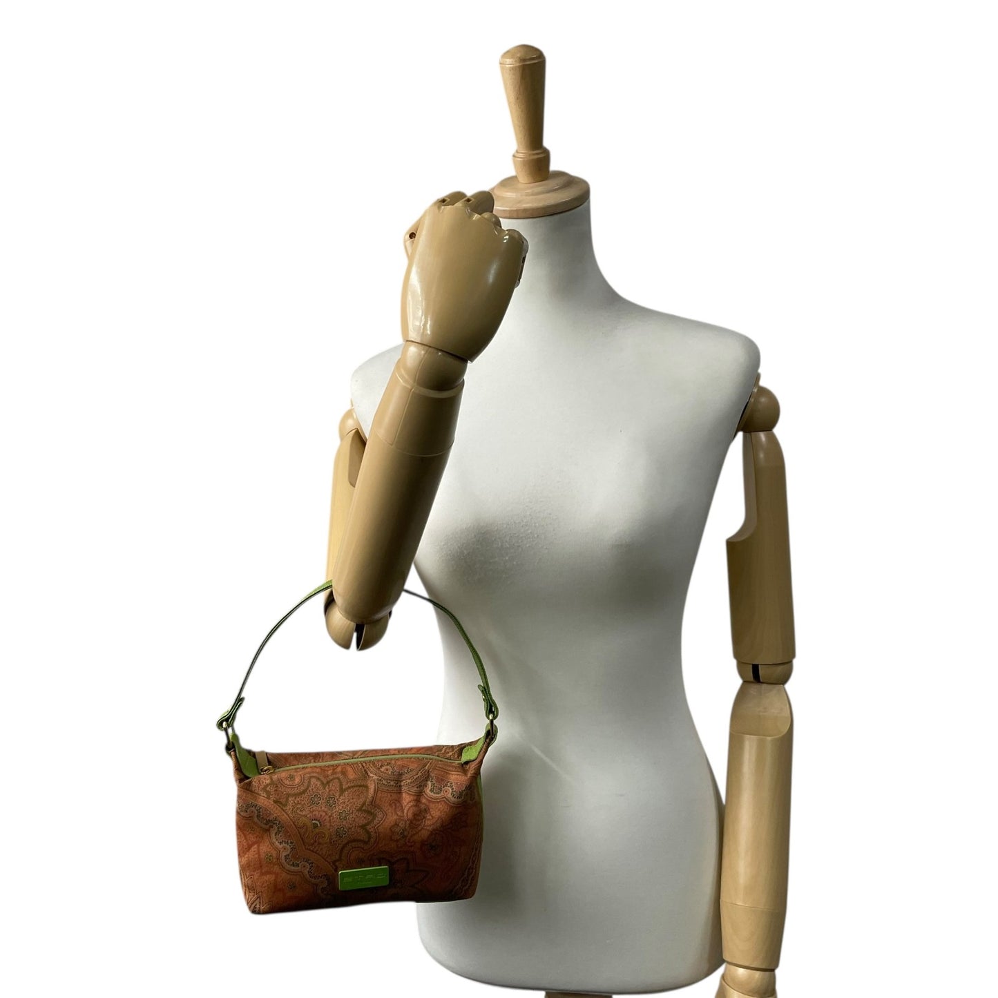 【未使用級】ETRO エトロ ハンドバッグ ミニバッグ アクセサリーポーチ ペイズリー柄 ブラウン グリーン ファブリック レザー ゴールド金具 レディース K11