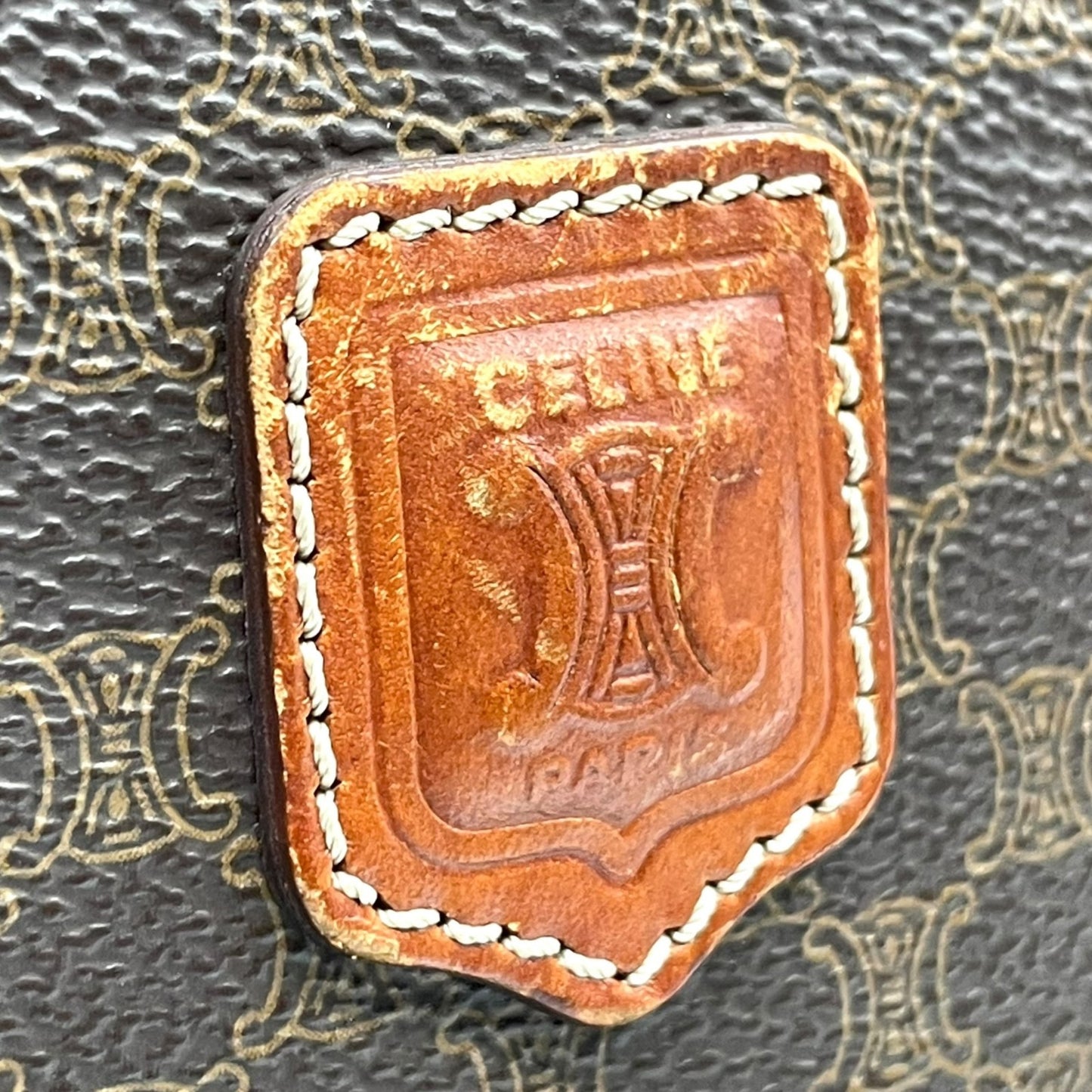 CELINE セリーヌ ヴィンテージ マカダム トートバッグ PVC レザー ブラウン トリオンフ 金具 90s イタリア製 ショルダー可 オールドセリーヌ K9