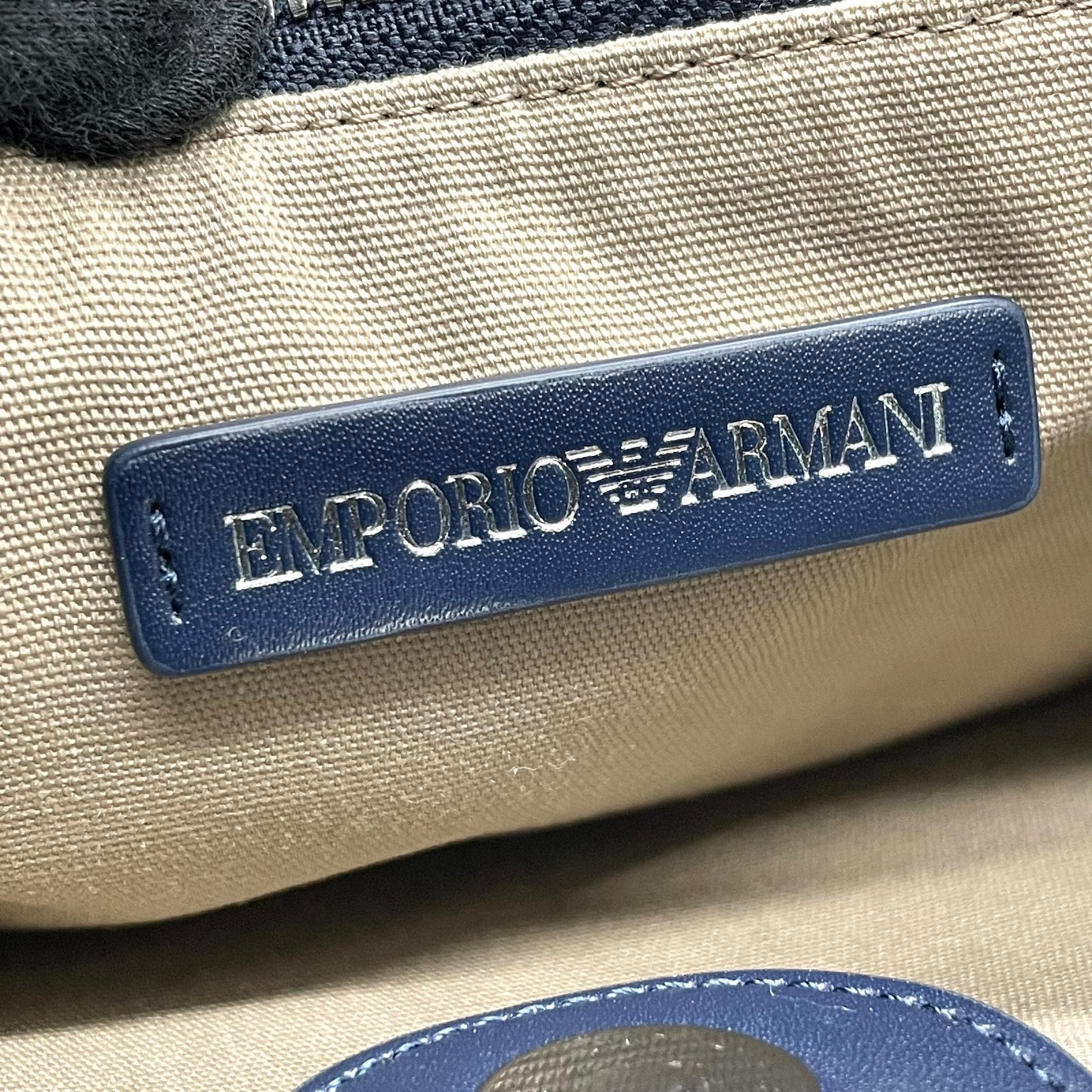 【未使用級】EMPORIO ARMANI エンポリオアルマーニ 2way ハンドバッグ ショルダーバッグ 編み込み キャンバス フリンジ ネイビー ホワイト D