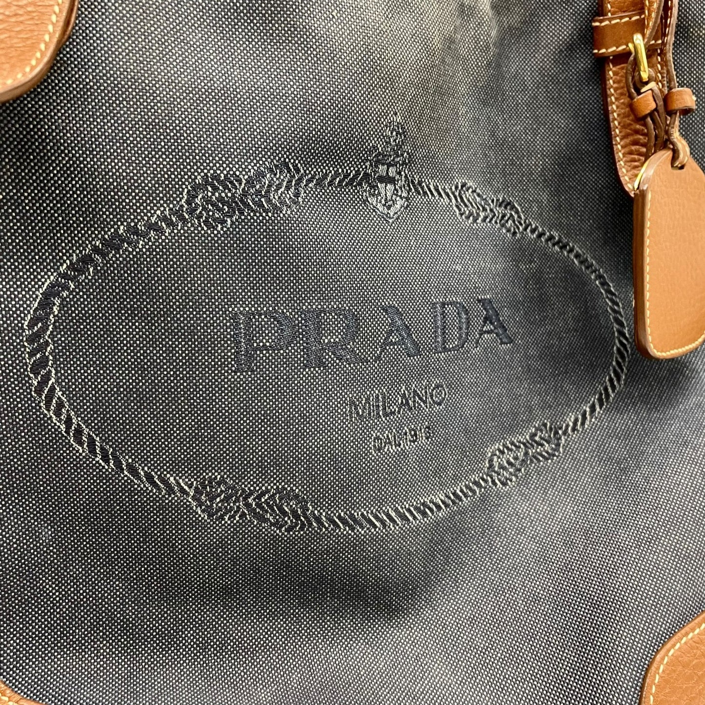 美品 PRADA プラダ ロゴ ジャガード トートバッグ ショルダー デニム レザー ブルー ブラウン ゴールド金具 D5