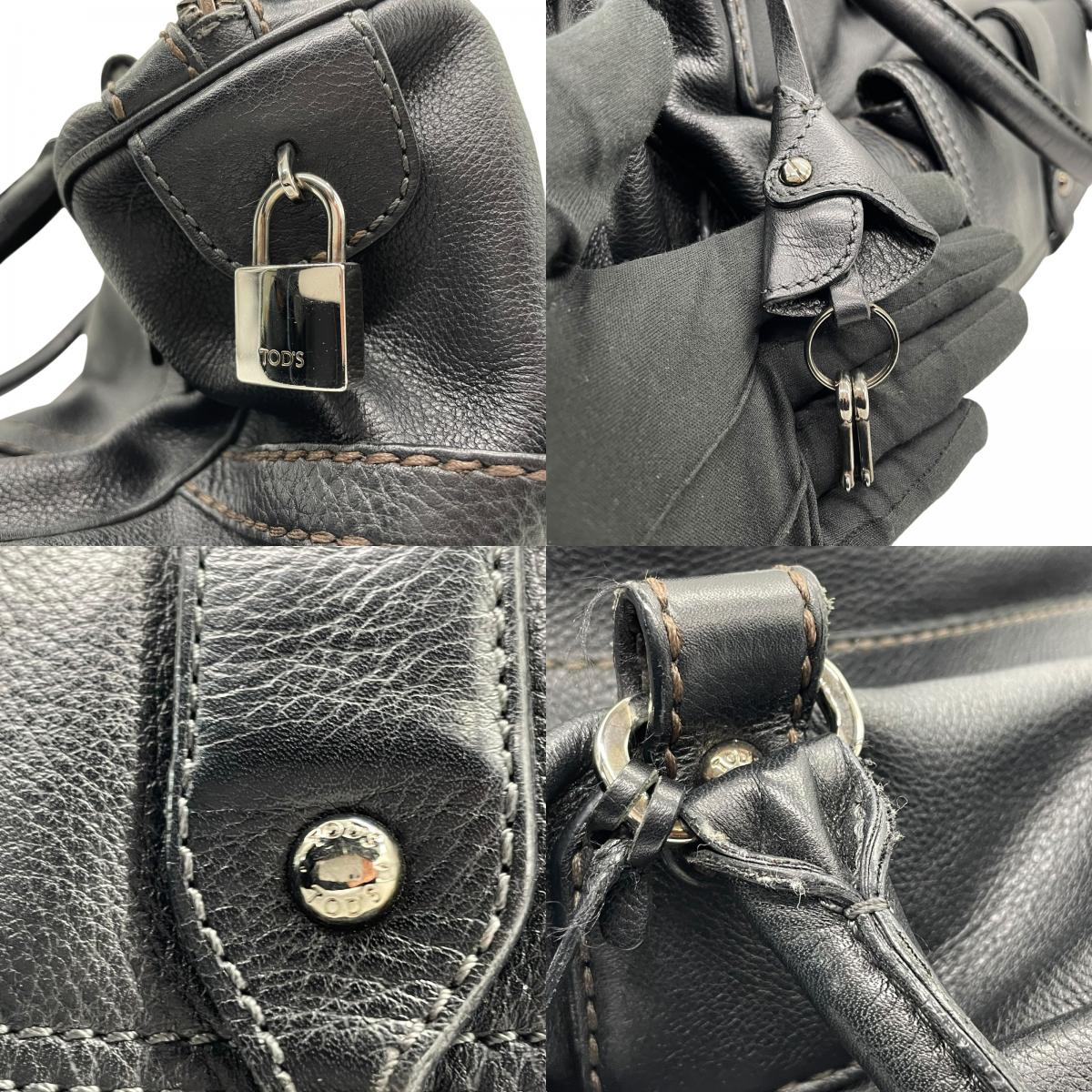 Authentic TOD'S Boston Handbag Leather Black Silver Hardware Padlock Women's