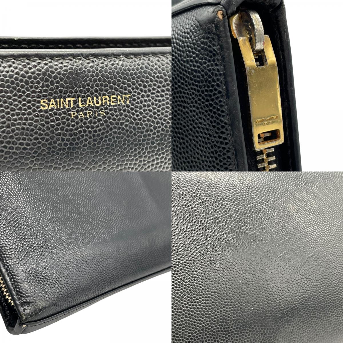 Authentic SAINT LAURENT YSL Leather Round Zipper Wallet Black Gold Hardware Unisex