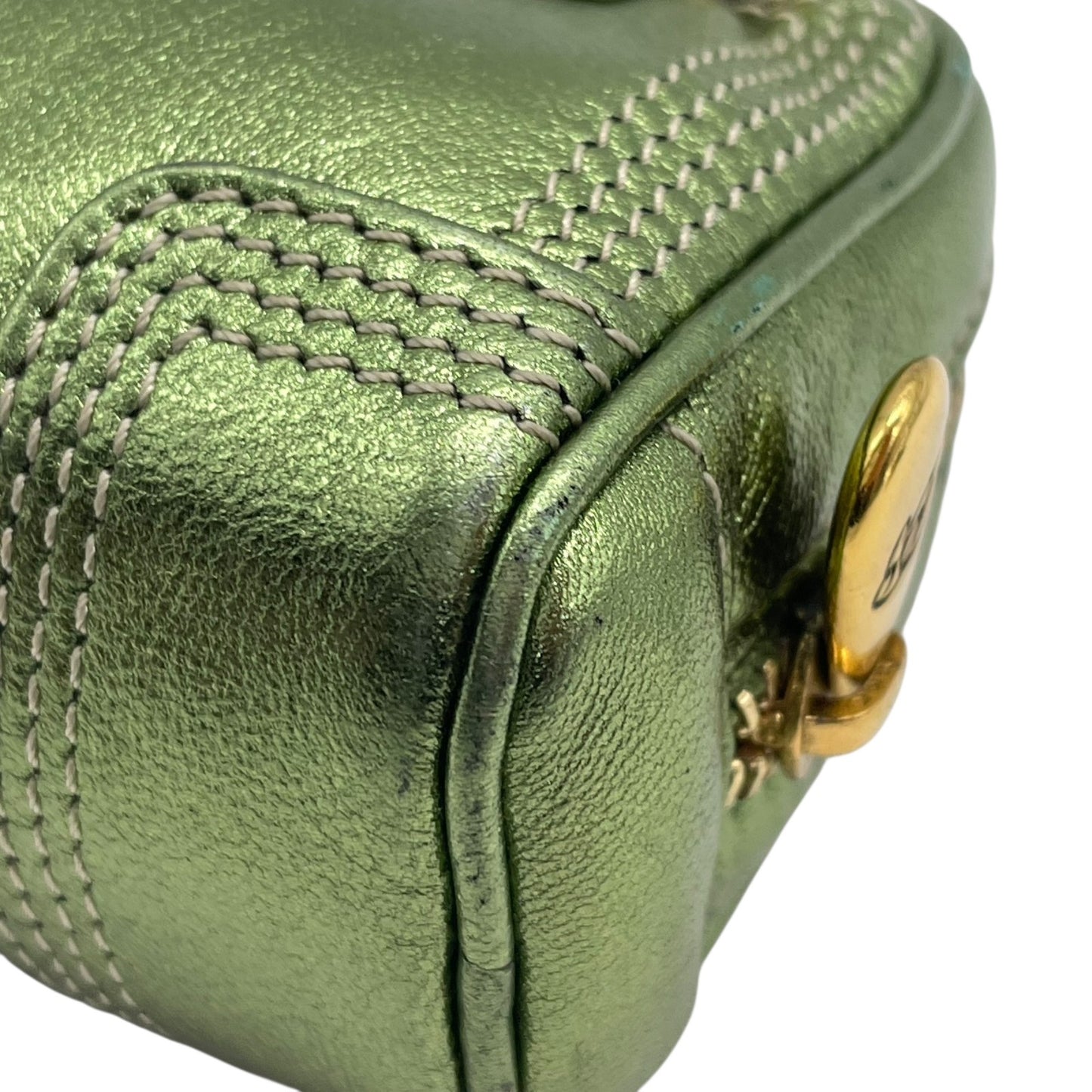 Authentic LOEWE Amazona Micro Mini Shoulder Bag Metallic Green Leather Anagram Logo Crossbody Gold Hardware Vintage Women's