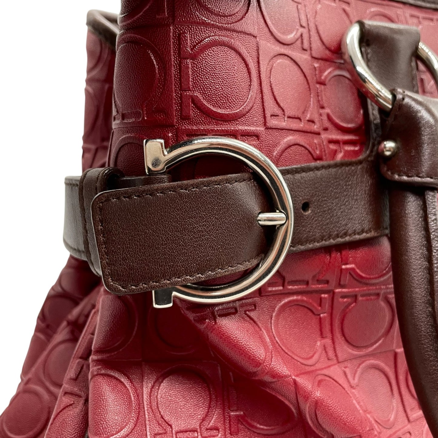 美品 フェラガモ Salvatore Ferragamo ガンチーニ ボルドー レザー ハンドバッグ トートバッグ 総柄 赤 レッド ブラウン シルバー金具 レディース D