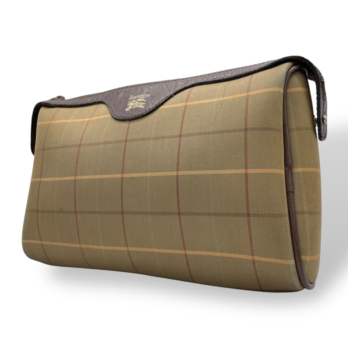 Burberry バーバリー クラッチバッグ セカンドバッグ ポーチ カーキ ブラウン ブラウン金具 キャンバス レザー ファスナー開閉 チェック柄 ホースロゴ メンズ レディース ヴィンテージ U4