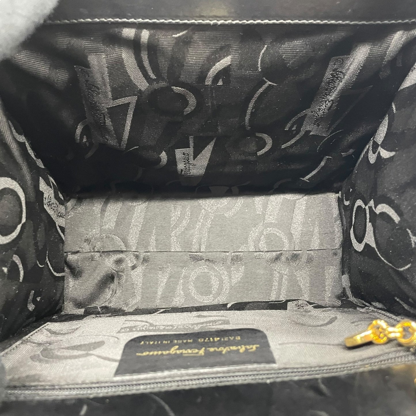 Authentic Salvatore Ferragamo Vara Ribbon Handbag Black Leather Gold Hardware