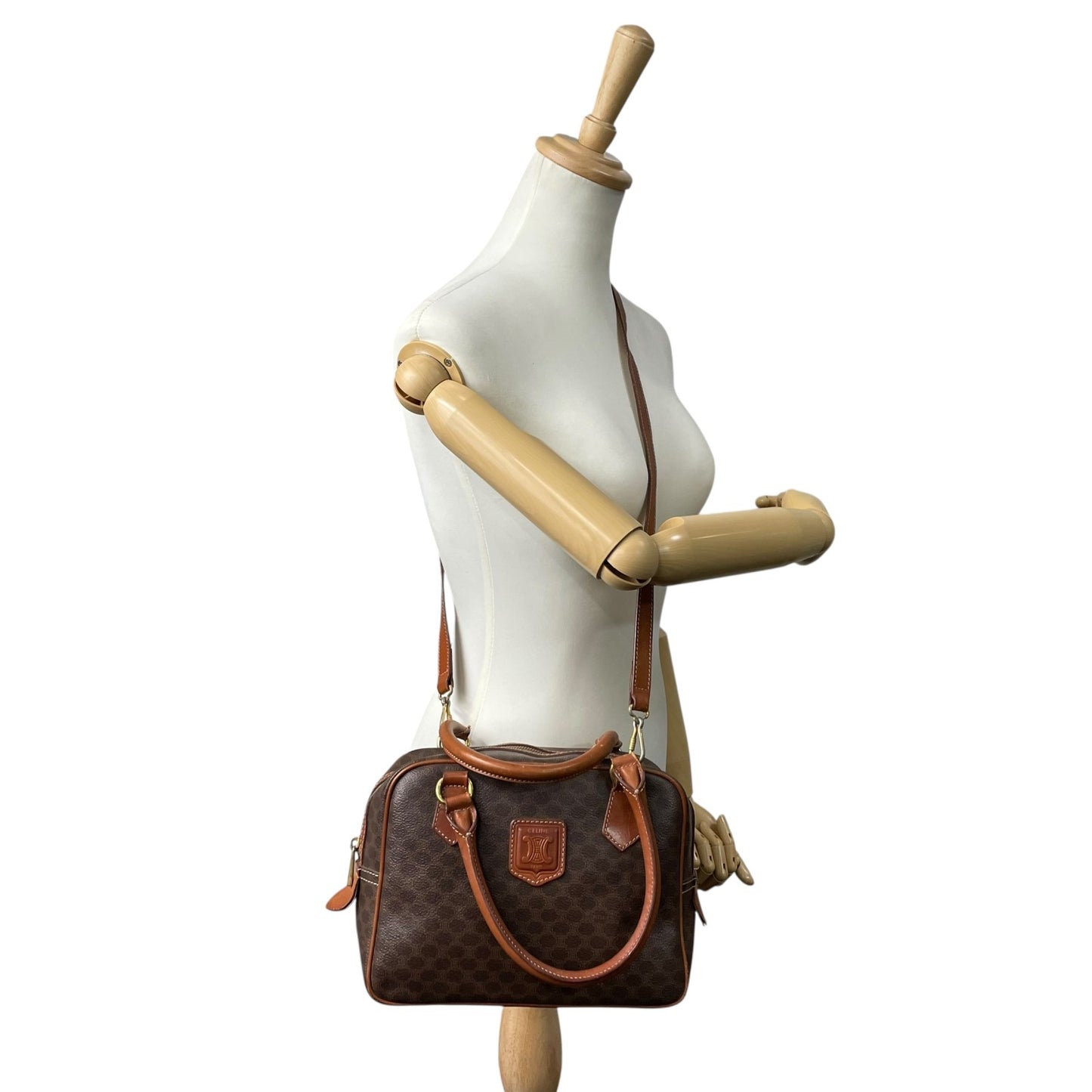 CELINE セリーヌ マカダム 2WAY ハンドバッグ ショルダーバッグ PVC レザー 茶 ブラウン ゴールド金具 斜め掛け可 レディース ヴィンテージ D3