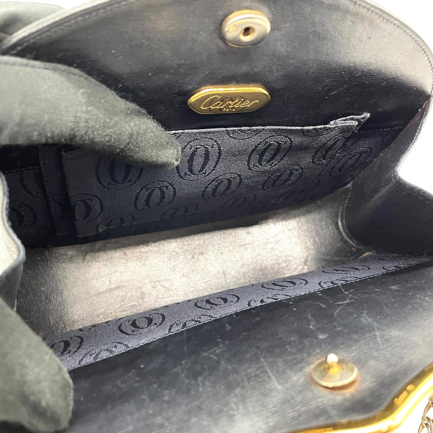 希少 ヴィンテージ Cartier カルティエ サファイアライン チェーンショルダーバッグ 黒 ブラック レザー ゴールドチェーン クロスボディ ダブルチェーン 完売 人気 K10