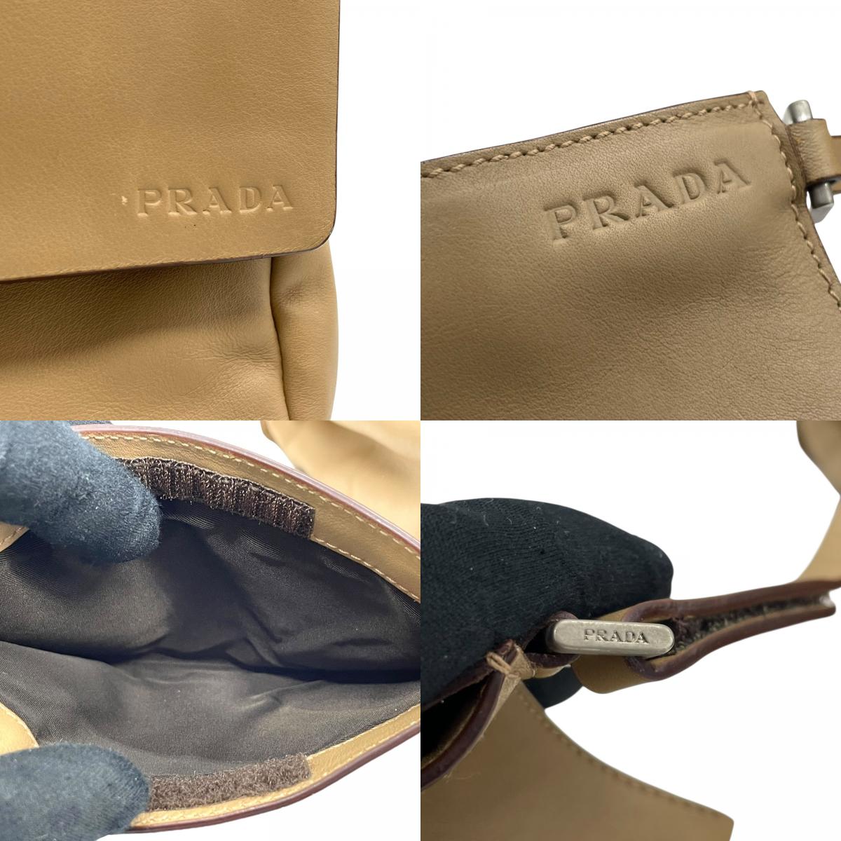 美品 PRADA プラダ ハンドバッグ ポーチ付き B10397 ベージュ レザー シルバー金具 ロゴ型押し 手提げ レディース ギャランティカード付き B4 00s archive