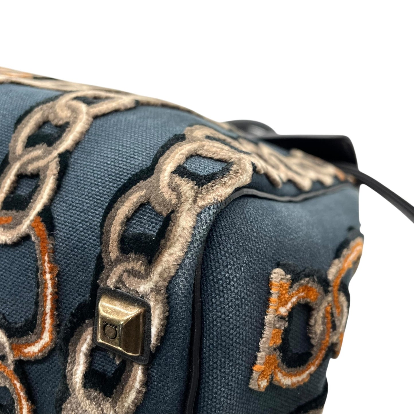 美品 Salvatore Ferragamo サルヴァトーレ フェラガモ ガンチーニ チェーン柄 ハンドバッグ 紺 ネイビー 黒 ブラック キャンバス レザー ゴールド金具 レディース B