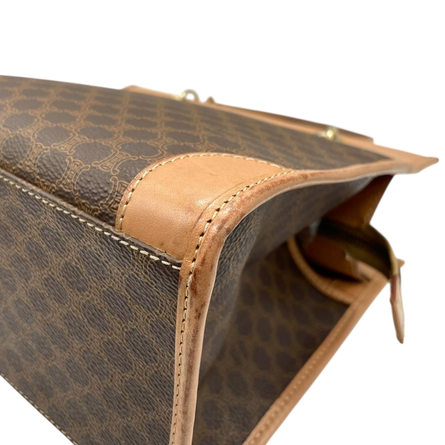 CELINE セリーヌ マカダム柄 ハンドバッグ ミニトート 茶 ブラウン PVC レザー ゴールド金具 手提げ ヴィンテージ オールドセリーヌ レディース E