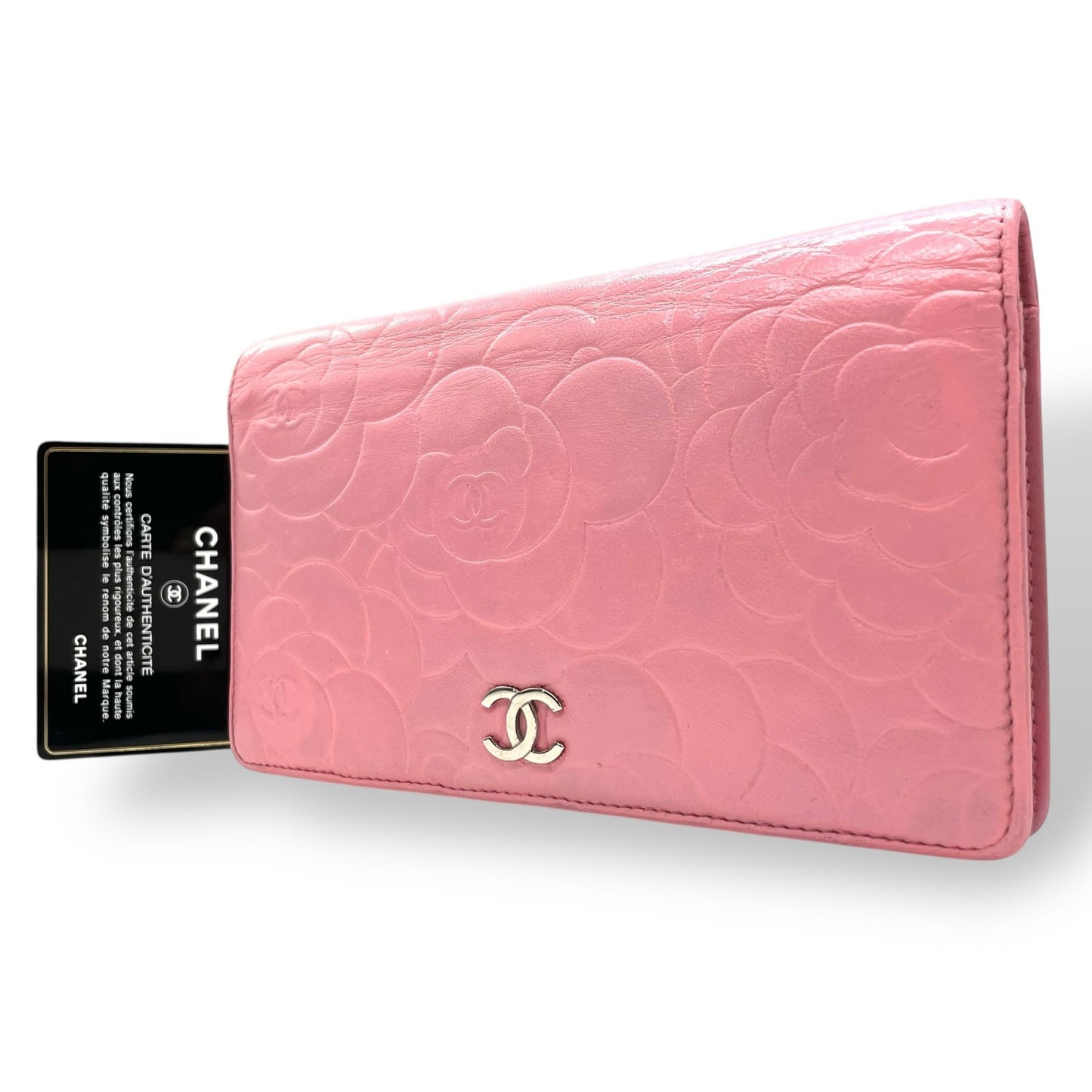 シャネル CHANEL カメリア ラムスキン 長財布 ウォレット ピンク ココマーク シルバー エンボス レディース W4