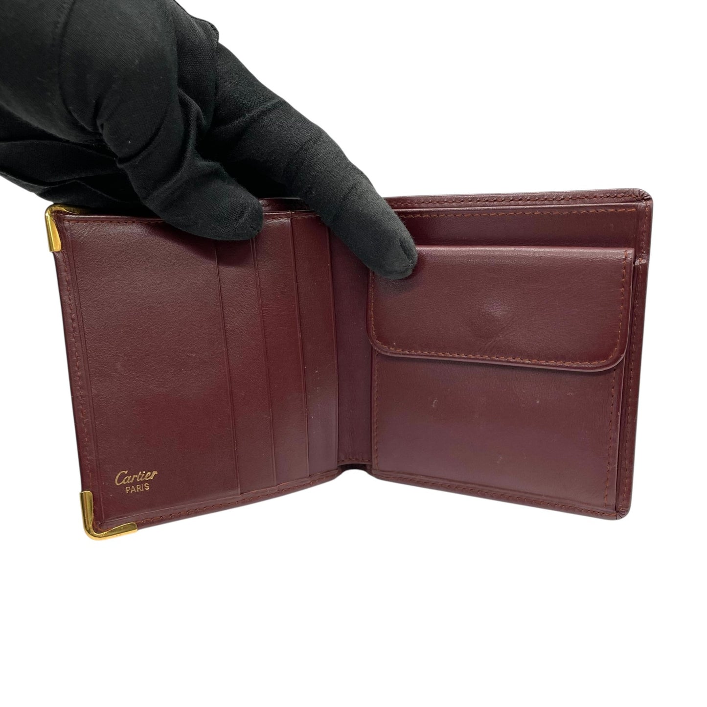 美品 カルティエ Cartier マストライン 二つ折り財布 ボルドー 赤 ワインレッド レザー ゴールド金具 ヴィンテージ メンズ レディース M5