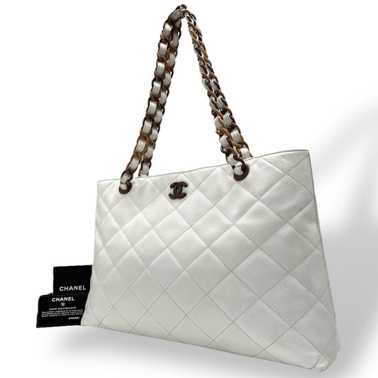 シャネル CHANEL トートバッグ キャビアスキン マトラッセ ココマーク 白 ホワイト ブラウンチェーン シルバー金具 C