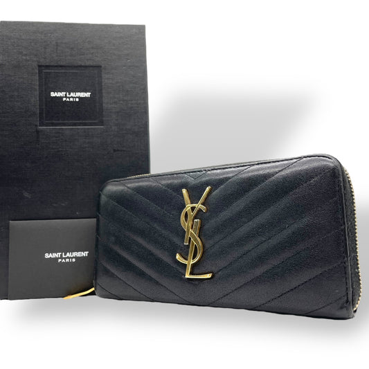 美品 SAINT LAURENT PARIS サンローラン パリ モノグラム Vステッチ ラウンドファスナー 長財布 キャビアスキン レザー ブラック 黒 YSLロゴ 箱あり 高級 w5