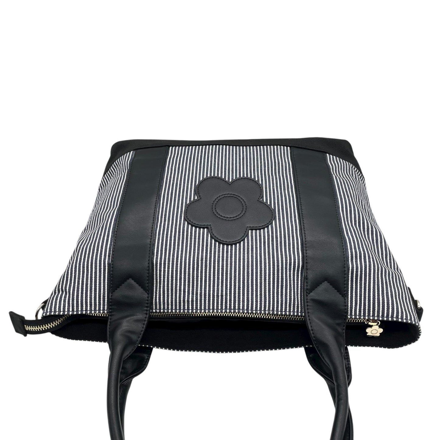 マリークヮント MARY QUANT トートバッグ ストライプ デイジー 花モチーフ ショルダー付き 2WAY 黒 ブラック ホワイト T3
