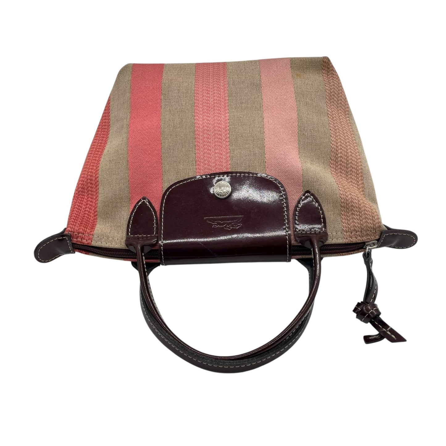 美品 ロンシャン LONGCHAMP ルプリアージュ ハンドバッグ トートバッグ マルチカラー ストライプ ベージュ ピンク キャンバス×レザー U2
