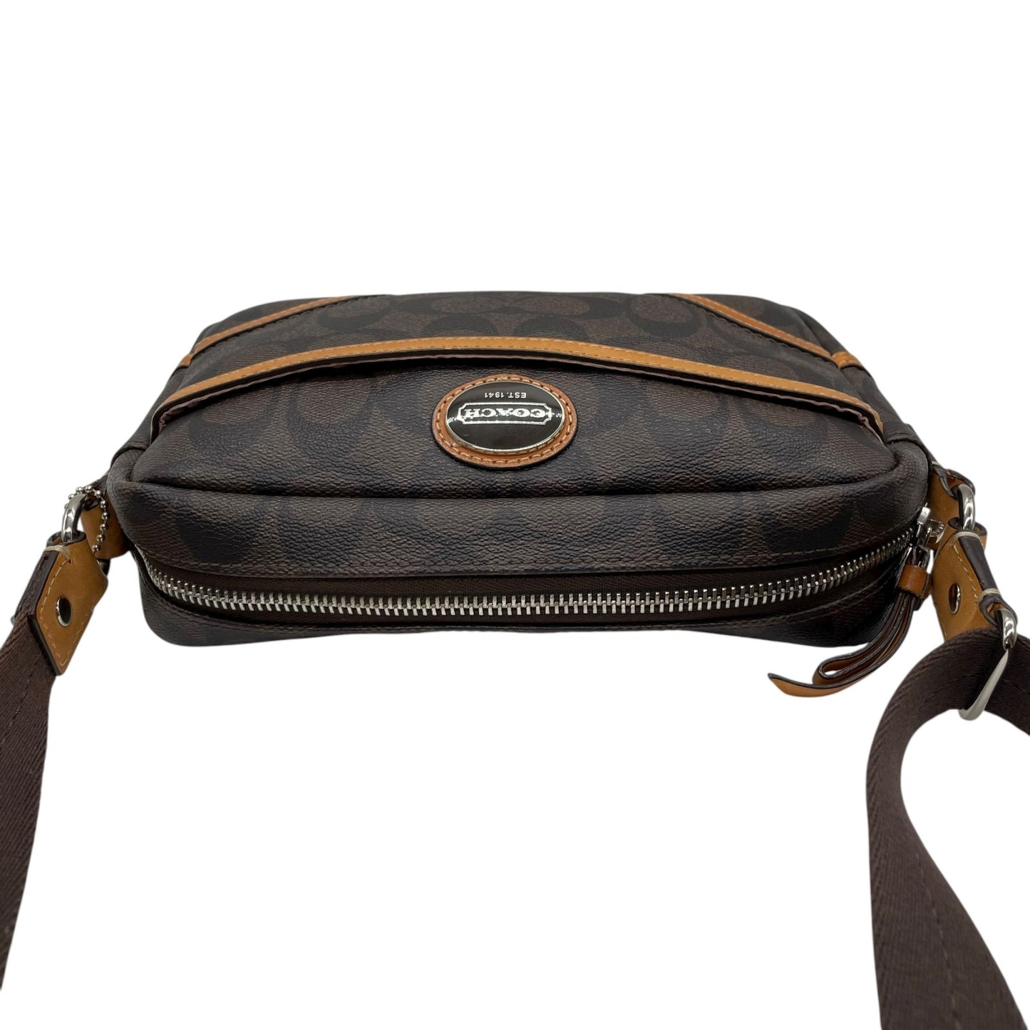 コーチ COACH シグネチャー PVC レザー ショルダーバッグ クロスボディ 茶色 ブラウン キャメル シルバー 3