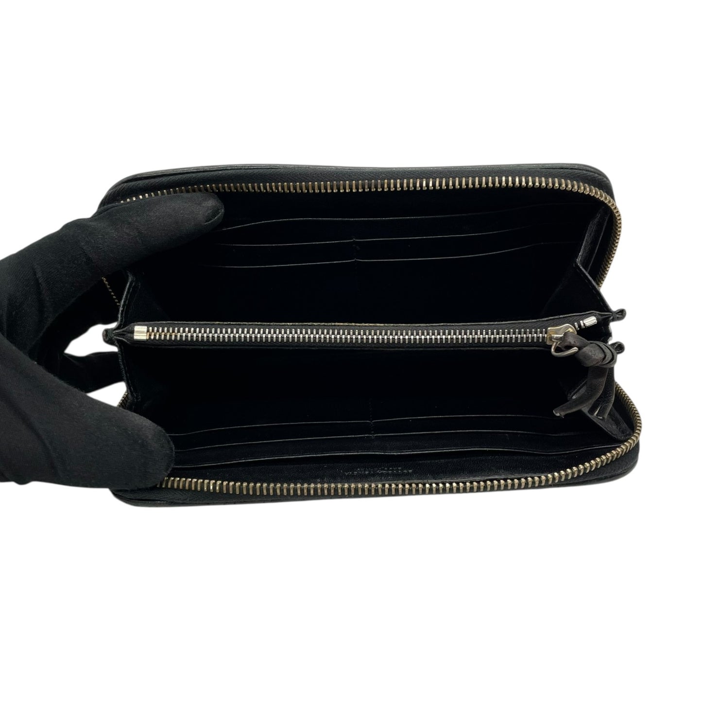 ボッテガヴェネタ BOTTEGA VENETA 長財布 イントレチャート ラウンドファスナー 黒 ブラック レザー ゴールド金具 メンズ レディース M5