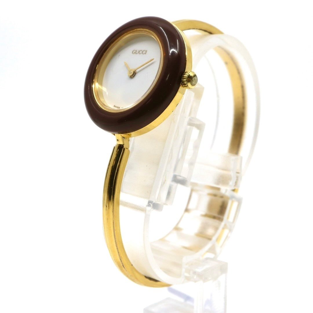 【美品/電池交換済】グッチ GUCCI チェンジベゼル 11/12.2 腕時計 レディースウォッチ クオーツ バングルウォッチ ゴールド ホワイト文字盤 ヴィンテージ アンティーク クラシック エレガント 人気モデル ブラウンベゼル クリーニング済み G3
