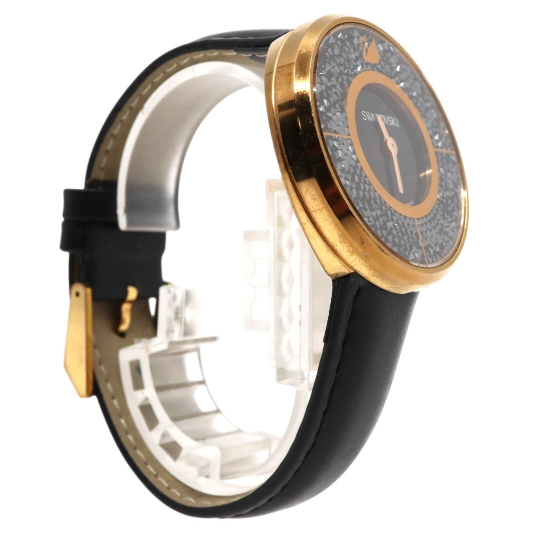 極美品 電池交換済 スワロフスキー 腕時計 5045371 レディース クオーツ ゴールド ブラックレザーベルト クリスタル アナログ ドレスウォッチ エレガント ラグジュアリー スワンロゴ スイス製 クリーニング済み G3