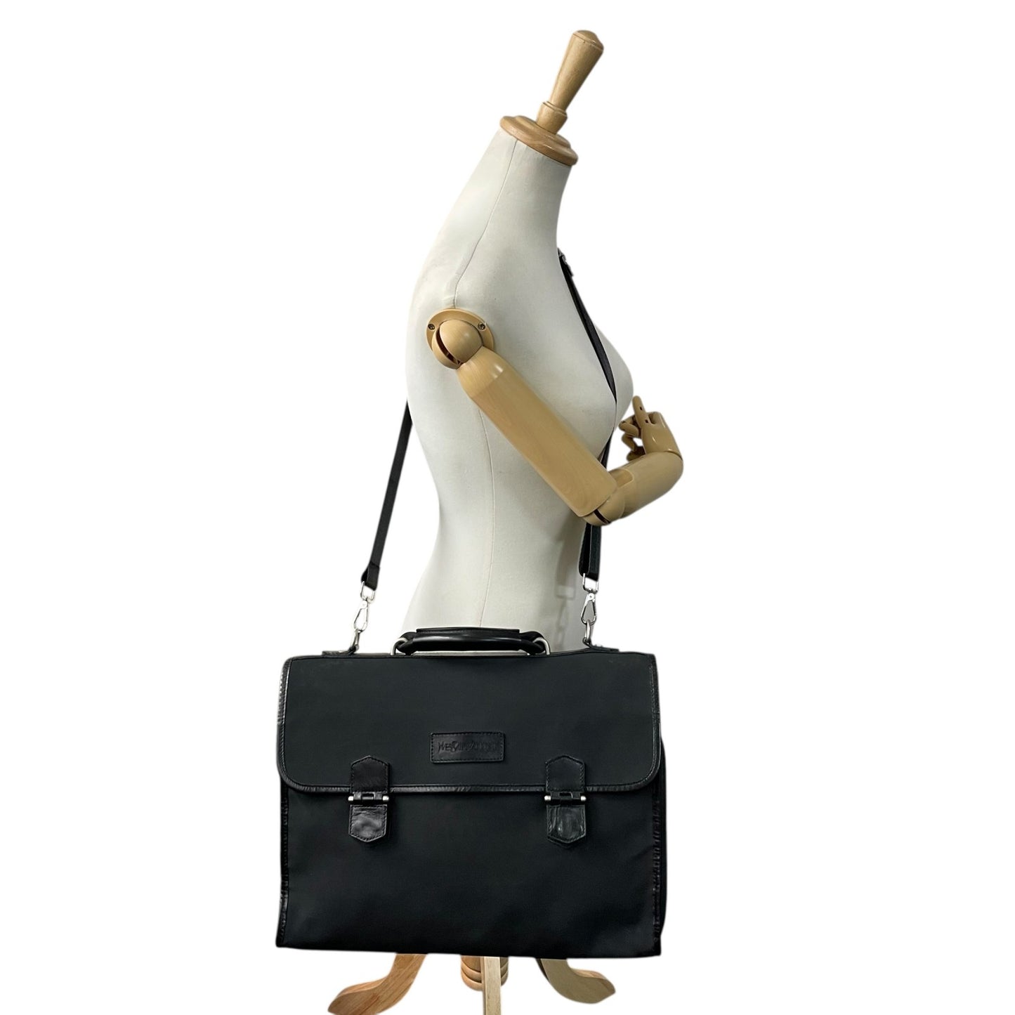 美品 イヴサンローラン YVES SAINT LAURENT ビジネスバッグ ブリーフケース ショルダーバッグ 肩掛け 2WAY 黒 ブラック ナイロン×レザー ショルダー付 ブリーフケース YSL B