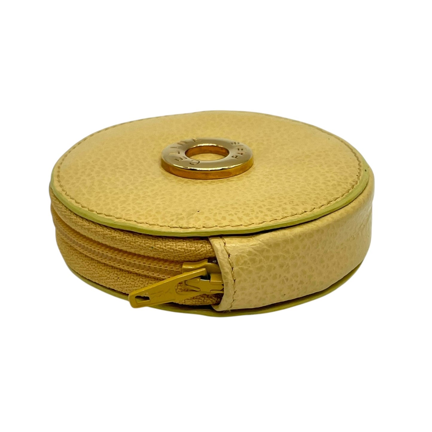セリーヌ CELINE ラウンド サークルロゴ コインケース ベージュ ゴールド金具 金 イエロー 黄色 レザー ロゴ刻印 ヴィンテージ M3