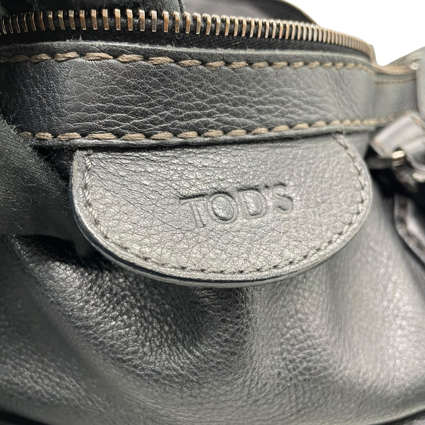 Authentic TOD'S Boston Handbag Leather Black Silver Hardware Padlock Women's