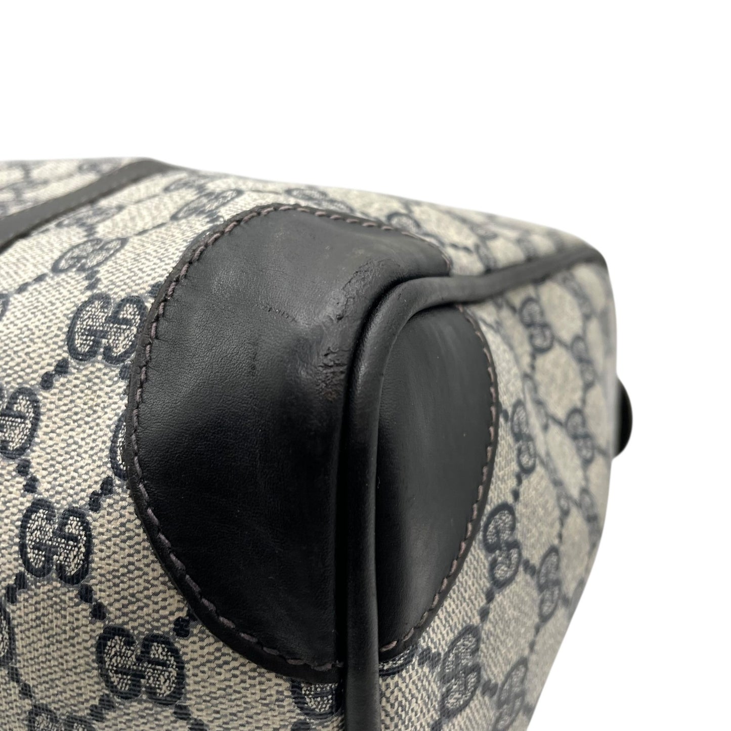 Authentic GUCCI GG Supreme Boston Bag Gray Navy PVC Leather Gold Hardware Vintage Women's Handbag GG Pattern