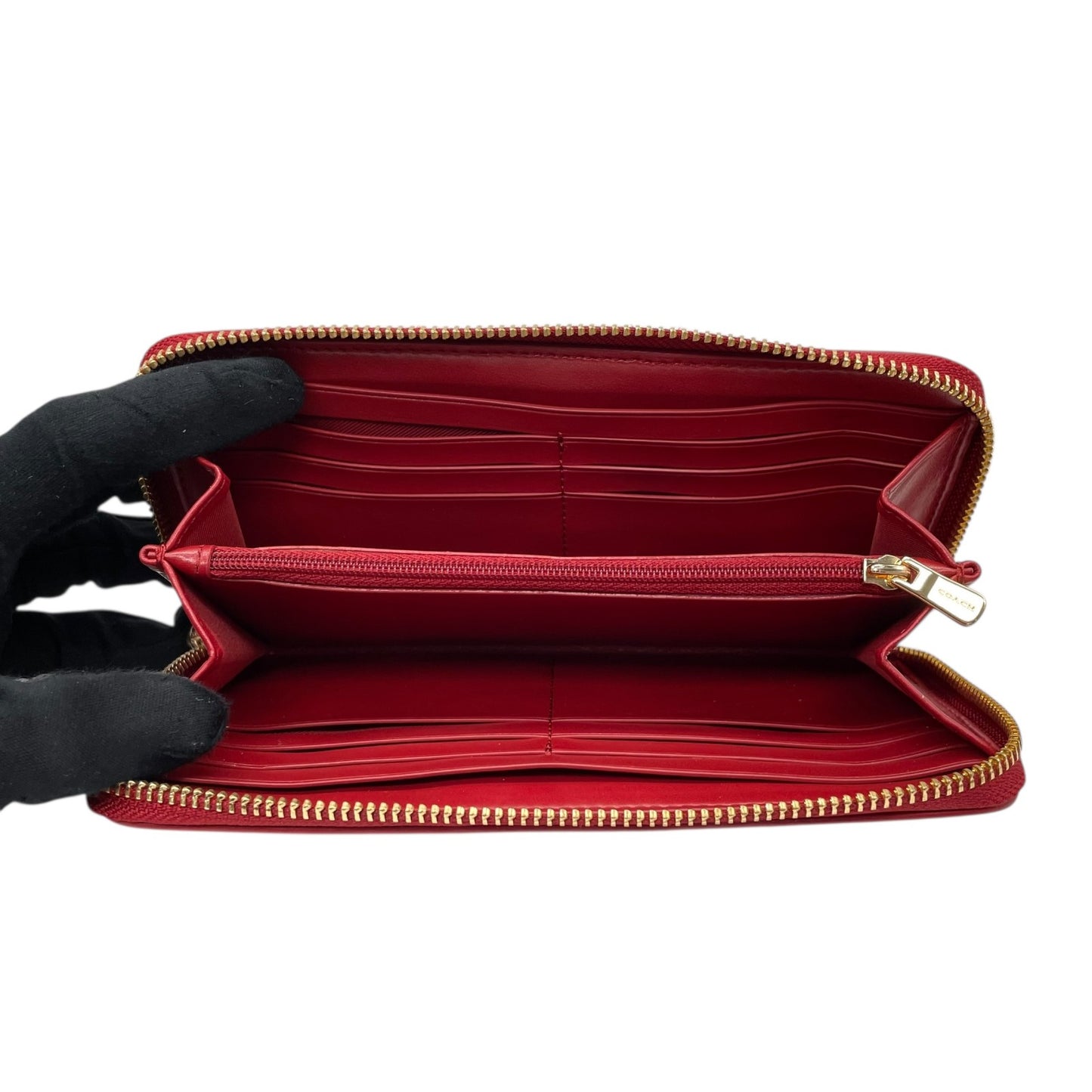 極美品 COACH コーチ シグネチャー 長財布 ラウンドファスナー 茶 ダークブラウン 赤 レッド 54630 IML72 ゴールド金具 PVC レザー ロゴ レディース W1