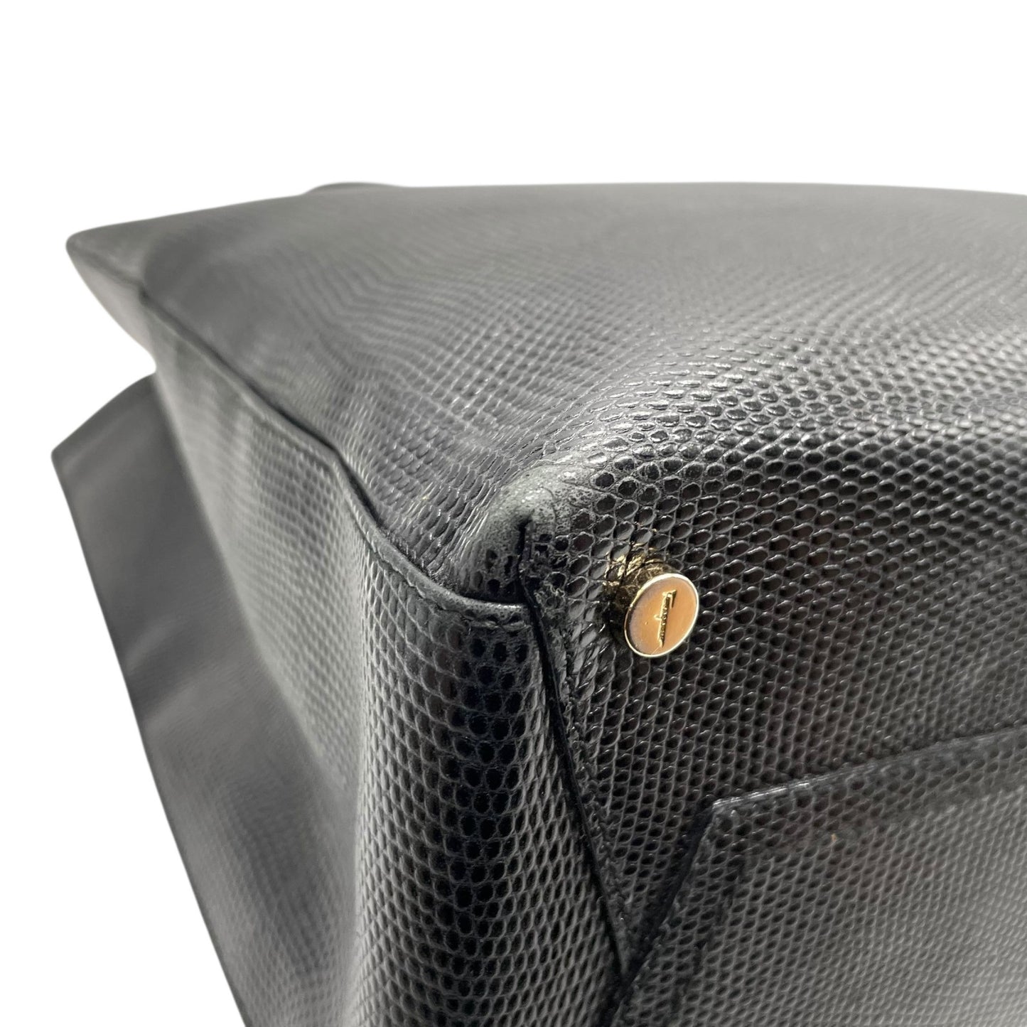 Salvatore Ferragamo フェラガモ ヴァラリボン トートバッグ ワンショルダー レザー トカゲ型押し 黒 ブラック ゴールド金具 肩掛け可 サルヴァトーレフェラガモ レディース E